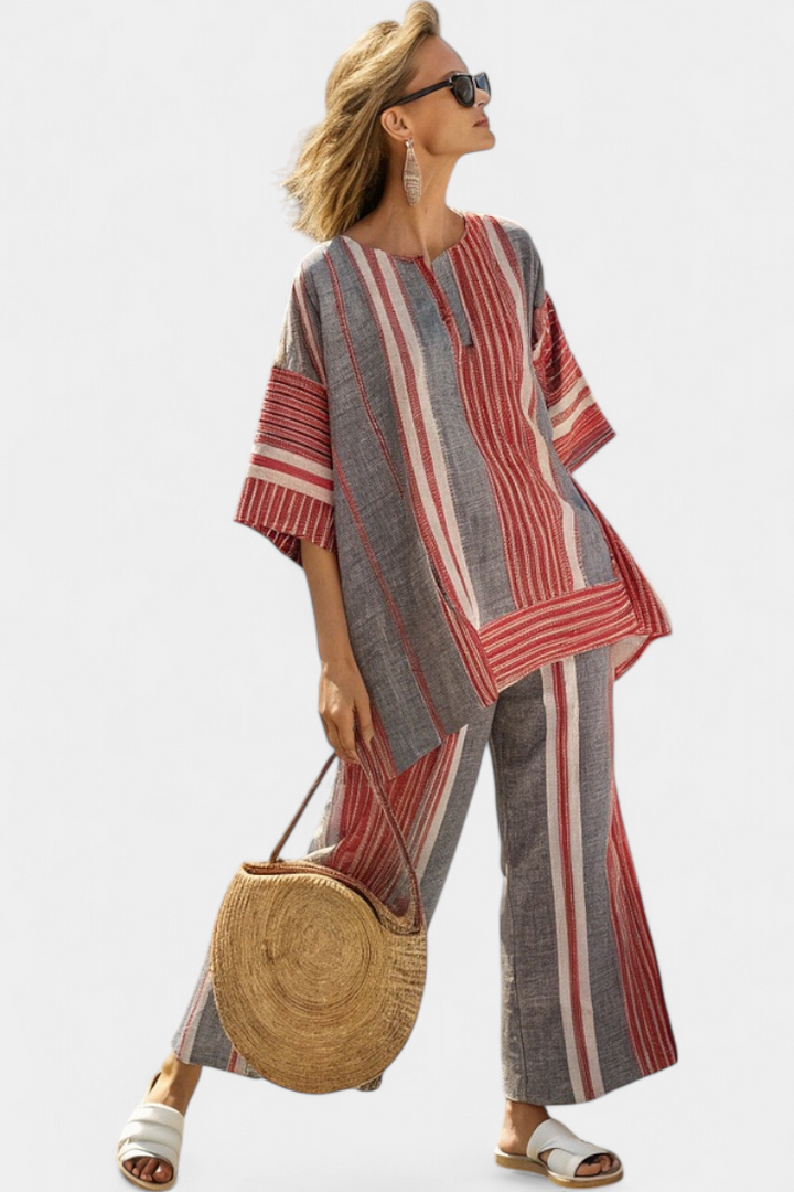 Salope Oversize Daisy em Linho com Riscas Vermelhas Coral e Cinza, Estilo Moderno e Confortável