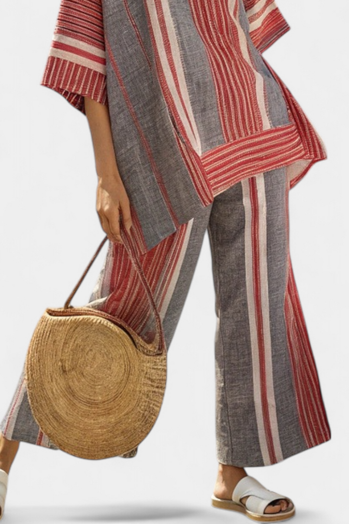 Salope Oversize Daisy em Linho com Riscas Vermelhas Coral e Cinza, Estilo Moderno e Confortável