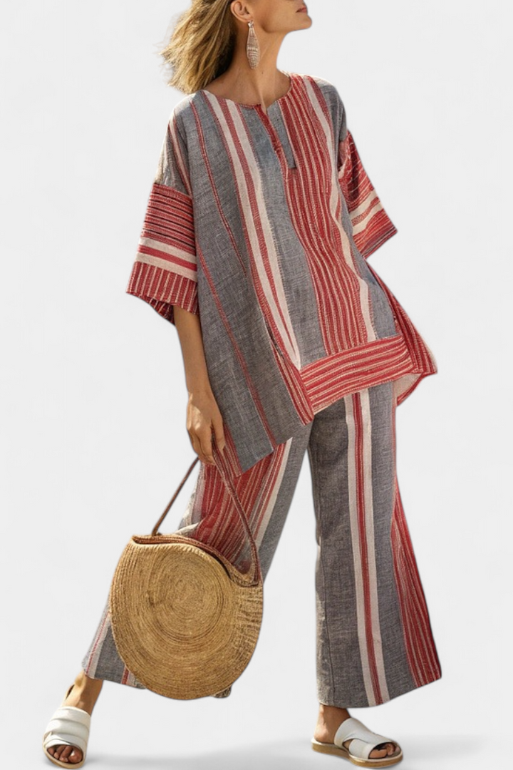 Salope Oversize Daisy em Linho com Riscas Vermelhas Coral e Cinza, Estilo Moderno e Confortável
