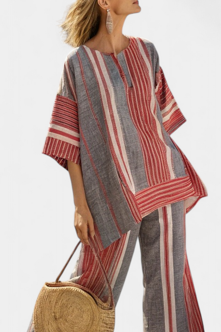 Salope Oversize Daisy em Linho com Riscas Vermelhas Coral e Cinza, Estilo Moderno e Confortável