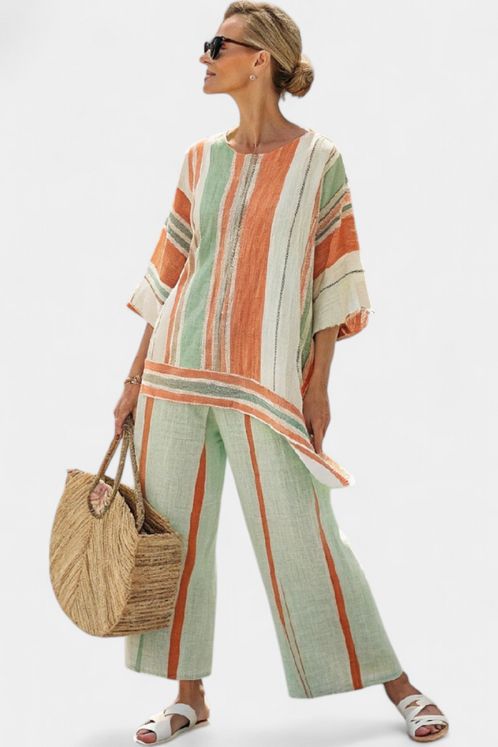 Conjunto Elegante de Linho de Bambu com Riscas e Blusa Assimétrica e Calças Largas para um Estilo Sofisticado