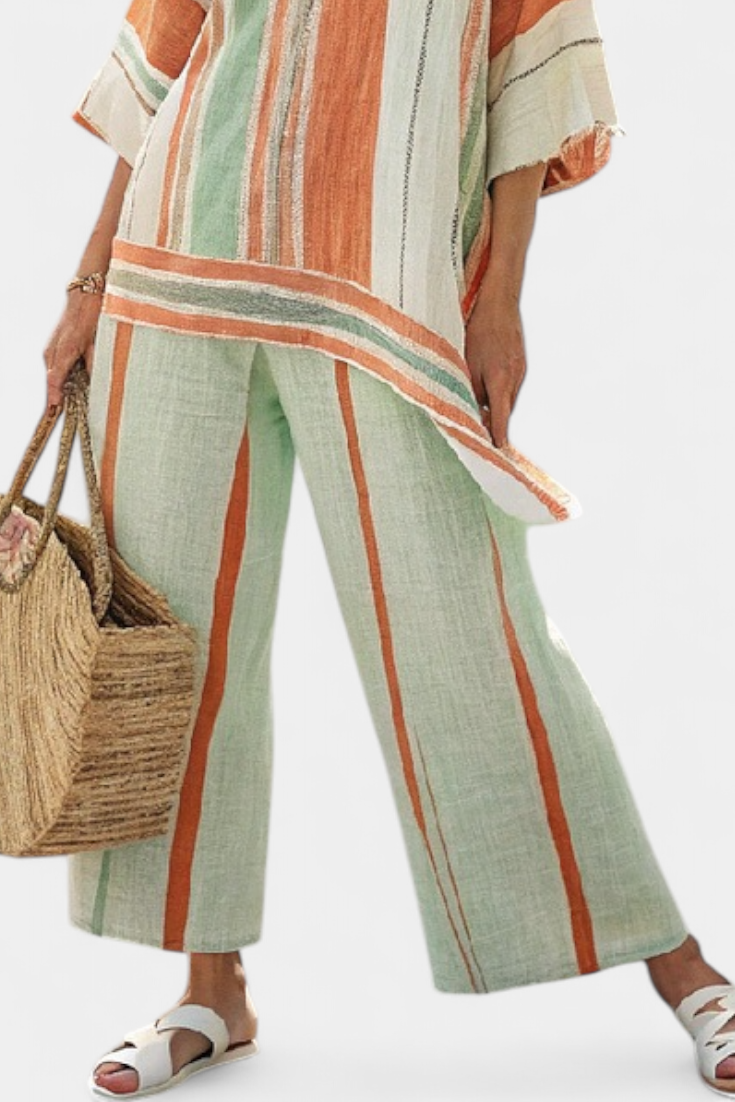 Conjunto Elegante de Linho de Bambu com Riscas e Blusa Assimétrica e Calças Largas para um Estilo Sofisticado