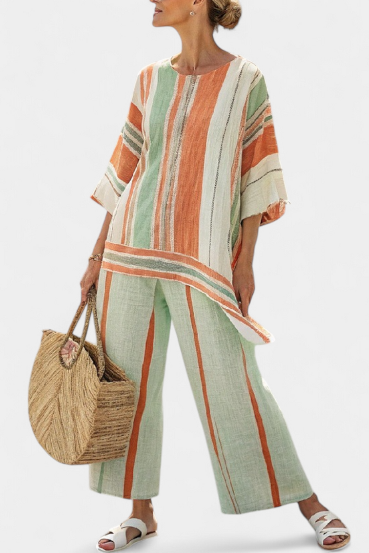 Conjunto Elegante de Linho de Bambu com Riscas e Blusa Assimétrica e Calças Largas para um Estilo Sofisticado