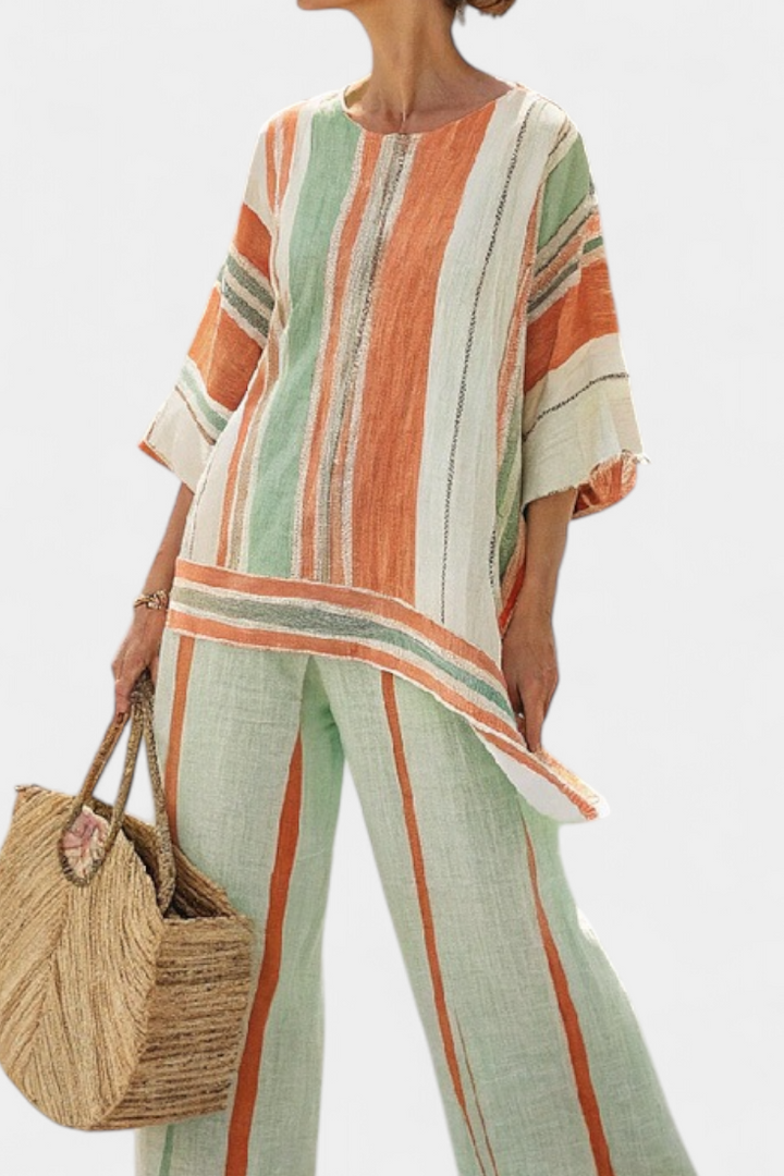 Conjunto Elegante de Linho de Bambu com Riscas e Blusa Assimétrica e Calças Largas para um Estilo Sofisticado