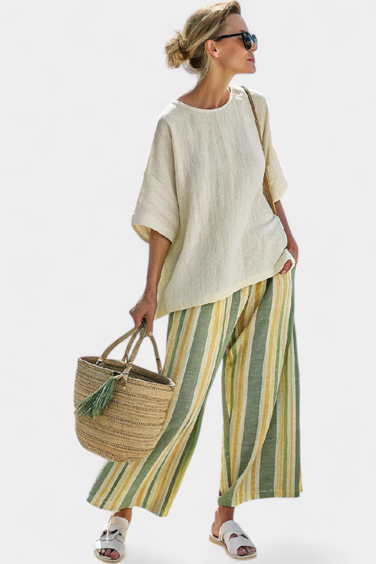 Conjunto de linho de bambu Daisy Mediterrâneo com riscas de azeitona para um estilo renovador e elegante