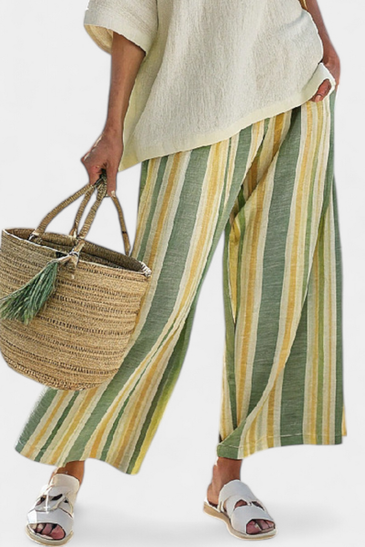 Conjunto de linho de bambu Daisy Mediterrâneo com riscas de azeitona para um estilo renovador e elegante