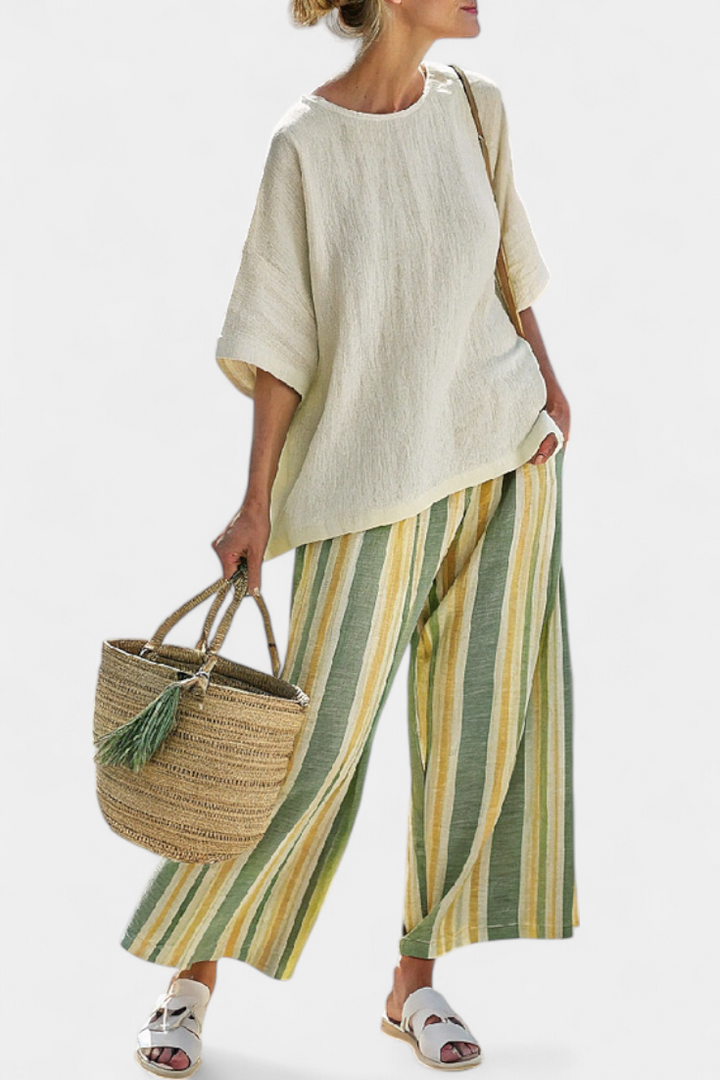 Conjunto de linho de bambu Daisy Mediterrâneo com riscas de azeitona para um estilo renovador e elegante