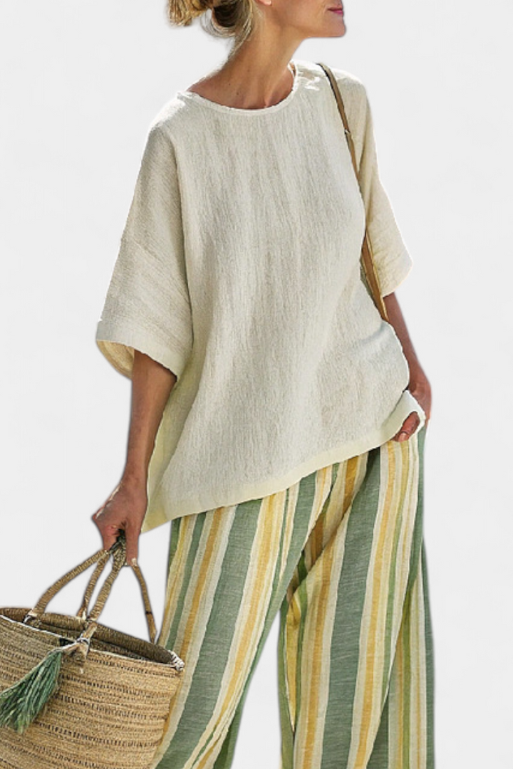 Conjunto de linho de bambu Daisy Mediterrâneo com riscas de azeitona para um estilo renovador e elegante
