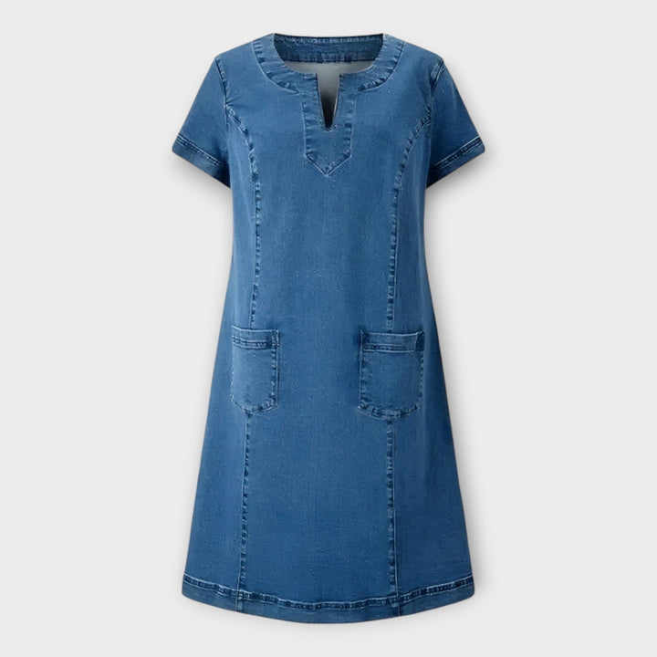 Vestido de Jeans com Bolsos e Decote em V