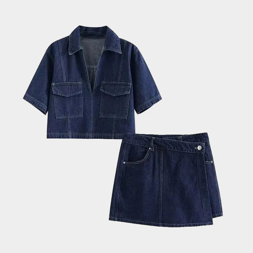 Conjunto de jeans com decote em V