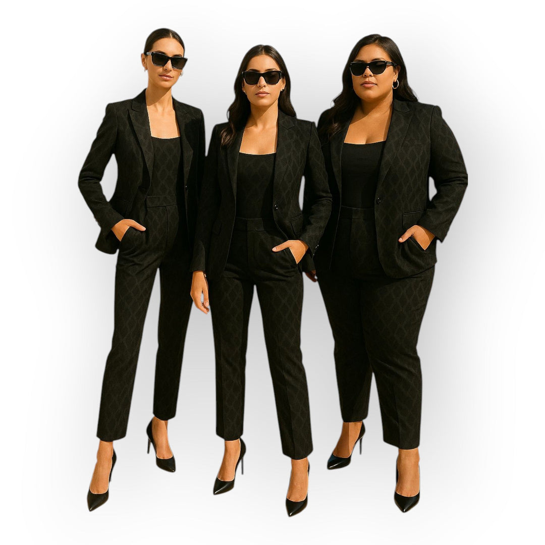 Conjunto elegante de blazer e calças com estética minimalista