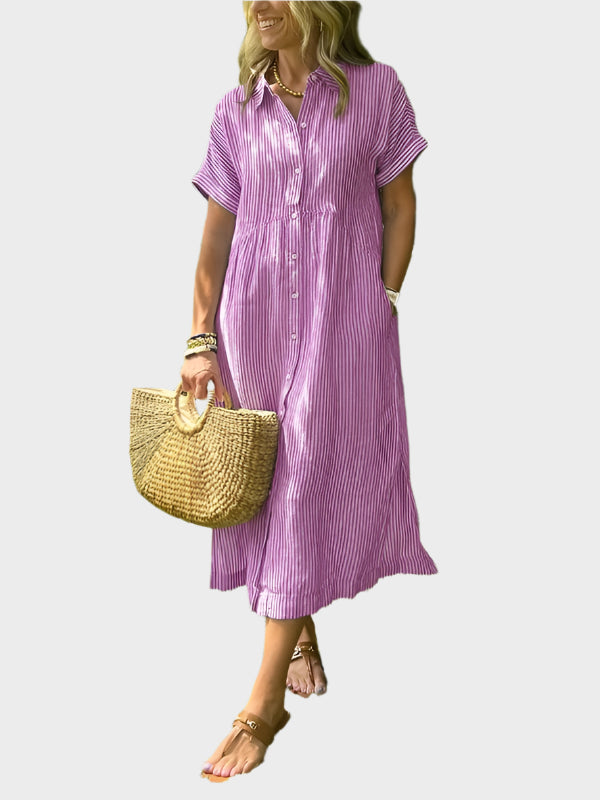 Vestido Camisa às Riscas com Pala, Botões e Bolsos Funcionais