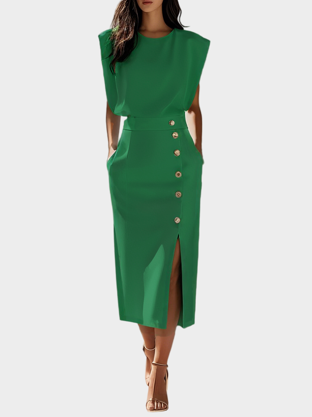 Vestido midi liso com fenda, botões e decote redondo