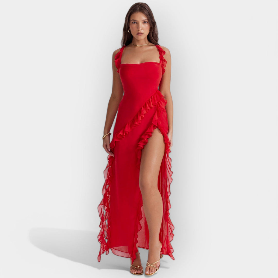 Vestido com Fenda e Babados Reguláveis