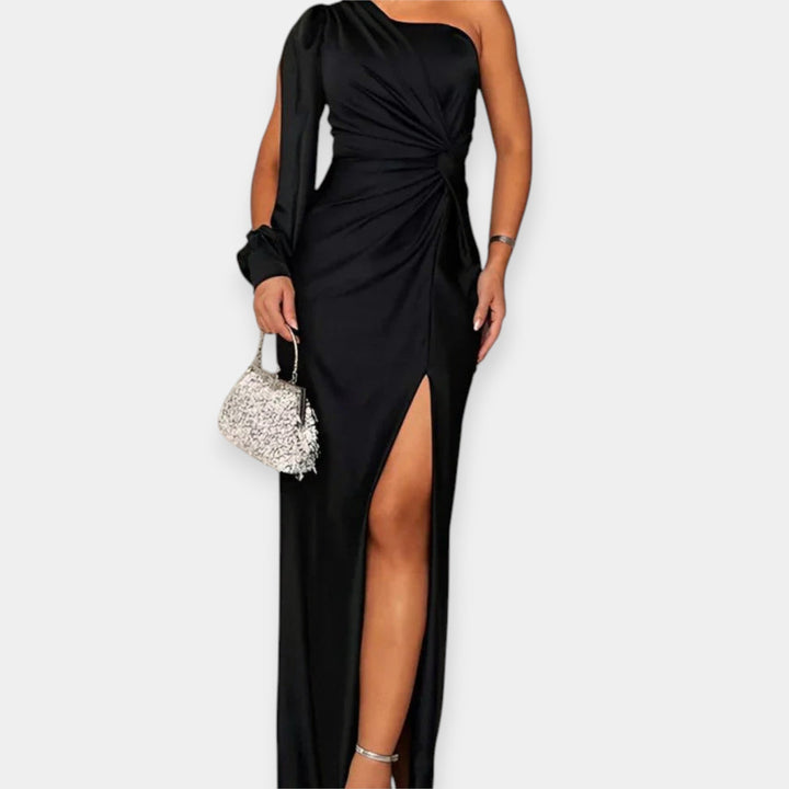 Vestido Maxi com Um Ombro e Fenda