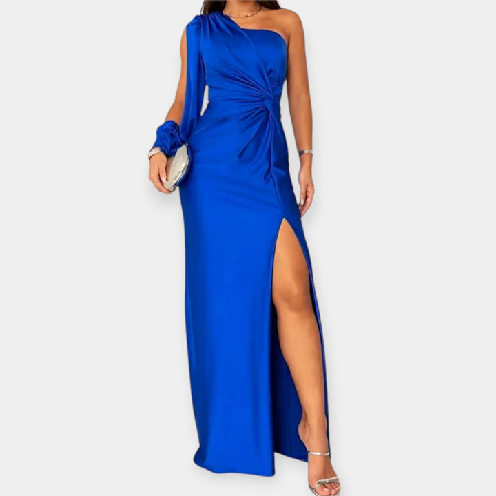Vestido Maxi com Um Ombro e Fenda