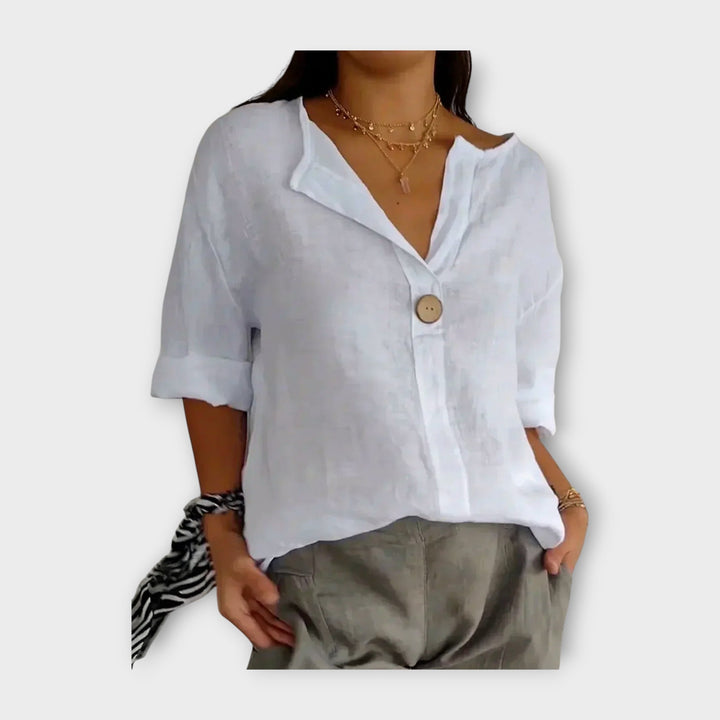 Blusa de Linho com Botão e Decote em V