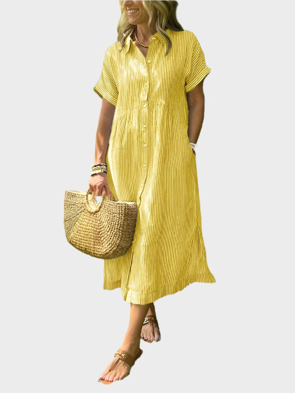 Vestido Camisa às Riscas com Pala, Botões e Bolsos Funcionais