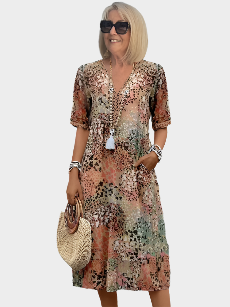Vestido Arejado com Padrão de Verão e Decote em V