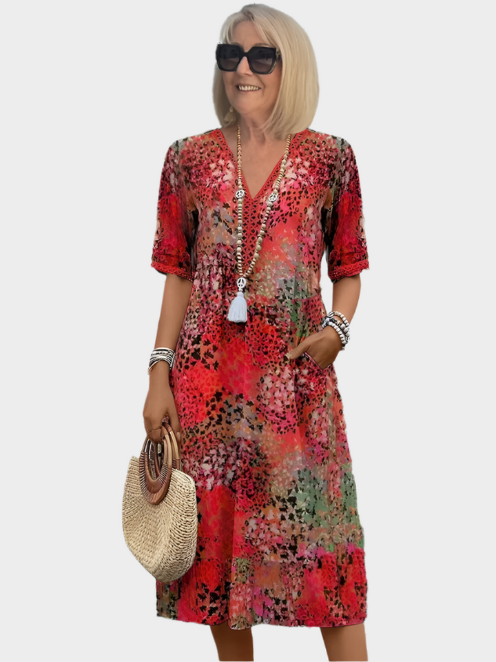 Vestido Arejado com Padrão de Verão e Decote em V