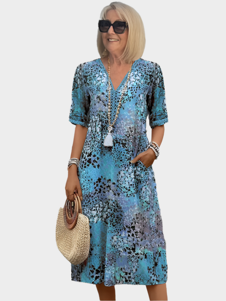 Vestido Arejado com Padrão de Verão e Decote em V