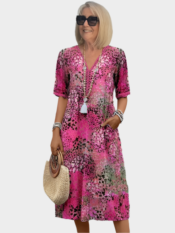 Vestido Arejado com Padrão de Verão e Decote em V