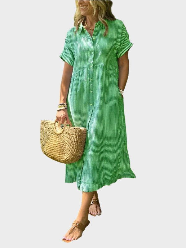 Vestido Camisa às Riscas com Pala, Botões e Bolsos Funcionais
