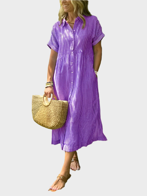 Vestido Camisa às Riscas com Pala, Botões e Bolsos Funcionais