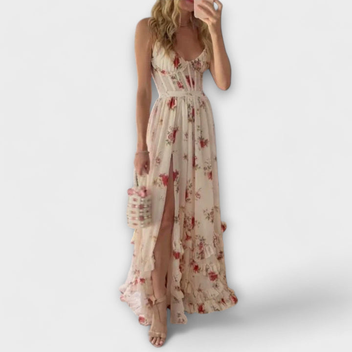 Vestido Maxi com Padrão de Flores e Fenda