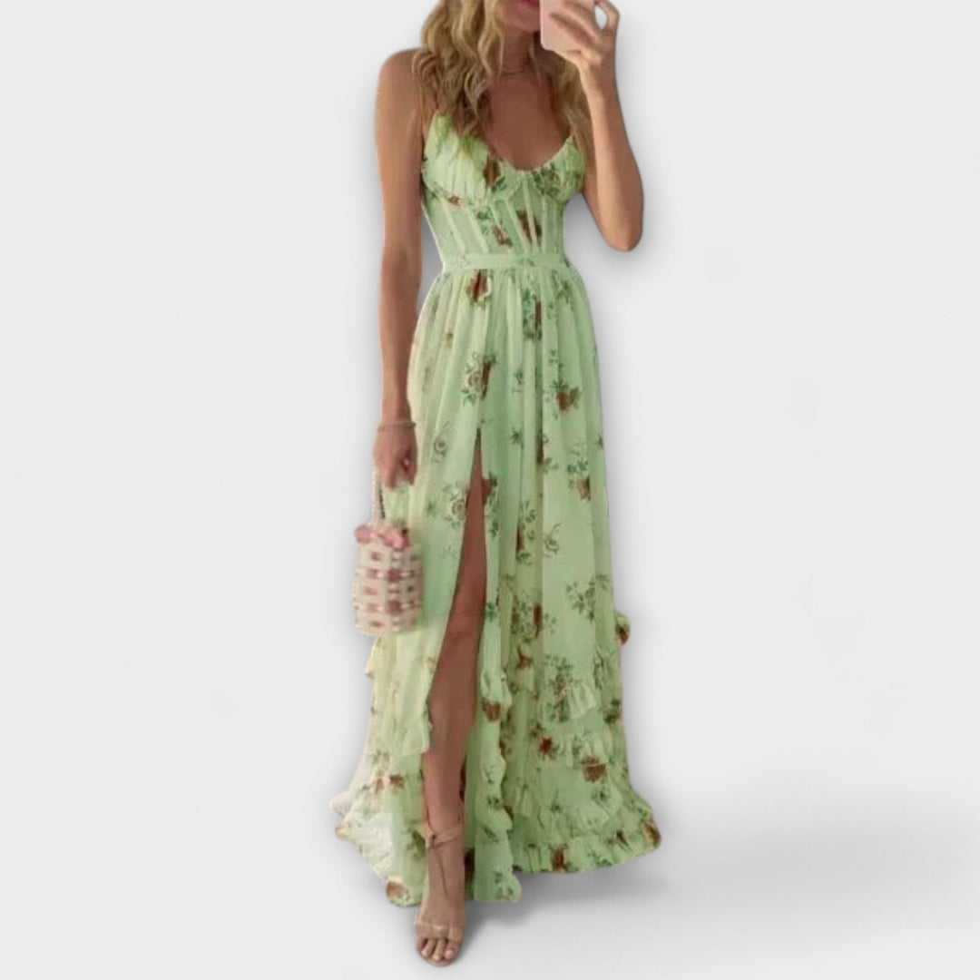 Vestido Maxi com Padrão de Flores e Fenda