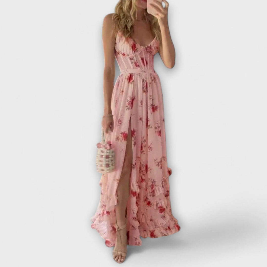 Vestido Maxi com Padrão de Flores e Fenda
