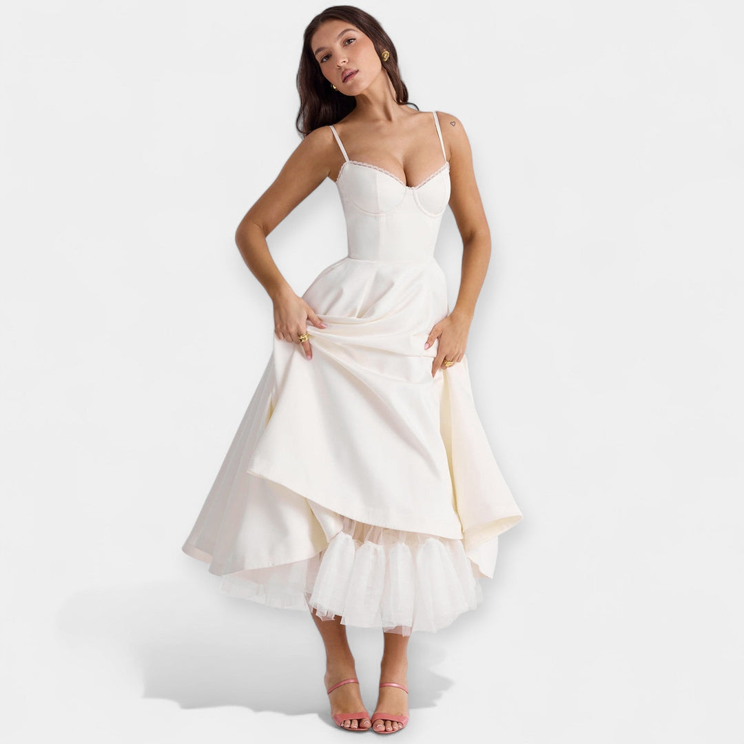 Vestido Midi com Transparências de Tule