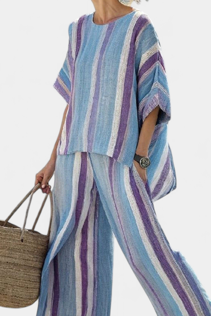 Conjunto Elegante de Riscas Daisy em Tons de Malva e Azul Claro para um Visual Sofisticado