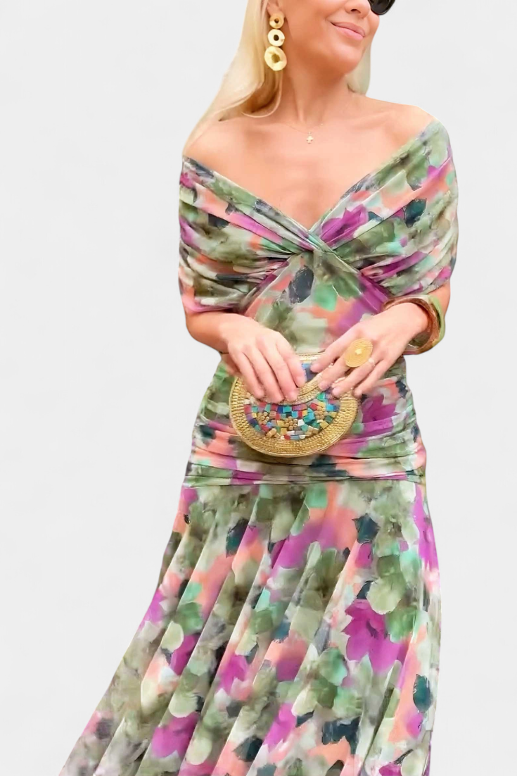 Vestido Floral Longo com Decote em V e Toque Romântico