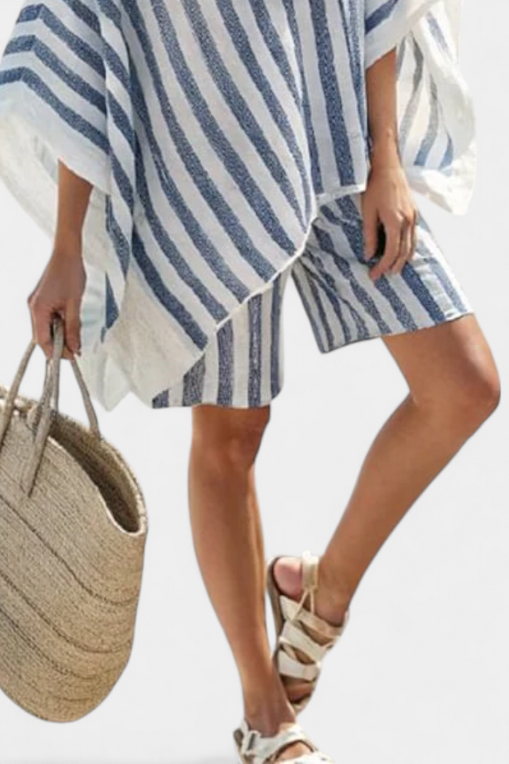 Conjunto riscas Nancy com blusa oversized e elegantes calções