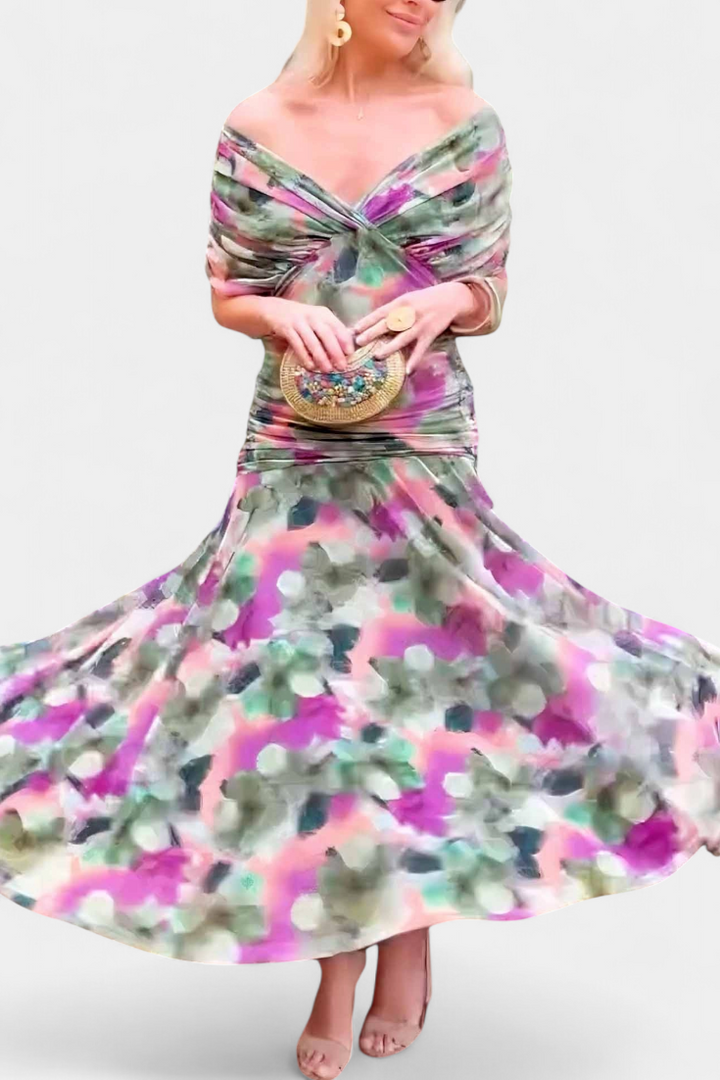 Vestido Floral Longo com Decote em V e Toque Romântico