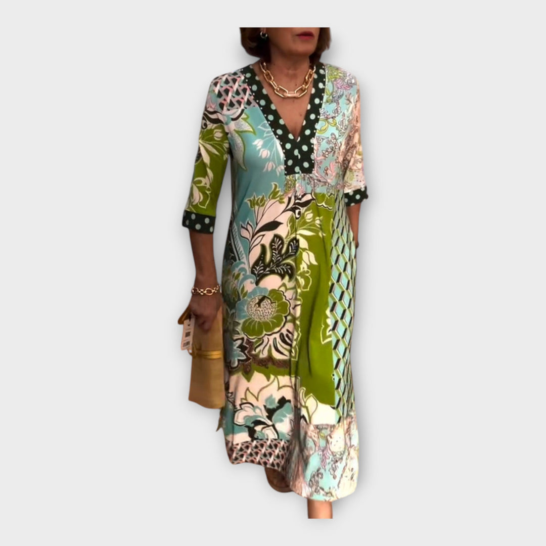 Vestido Multicolorido com Botões e Mangas 3/4
