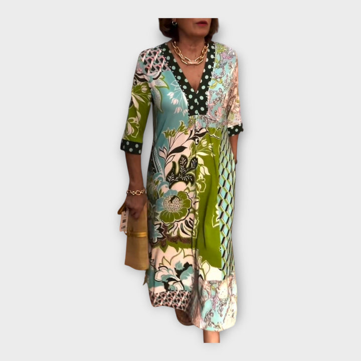 Vestido Multicolorido com Botões e Mangas 3/4