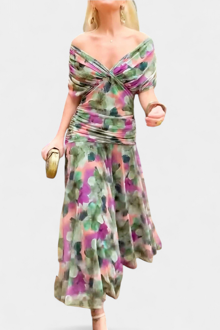 Vestido Floral Longo com Decote em V e Toque Romântico