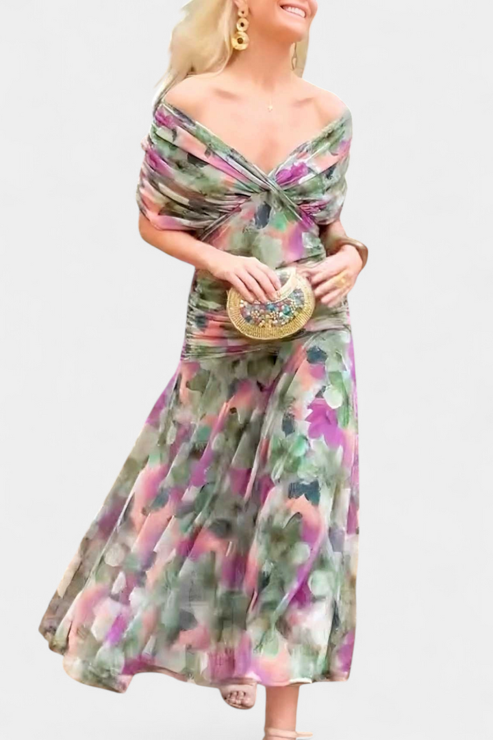 Vestido Floral Longo com Decote em V e Toque Romântico