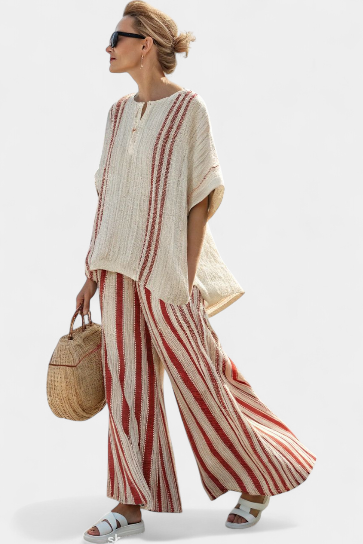 Conjunto Impressionante de Dois Peças Daisy com Riscas Vermelhas em Textura Natural