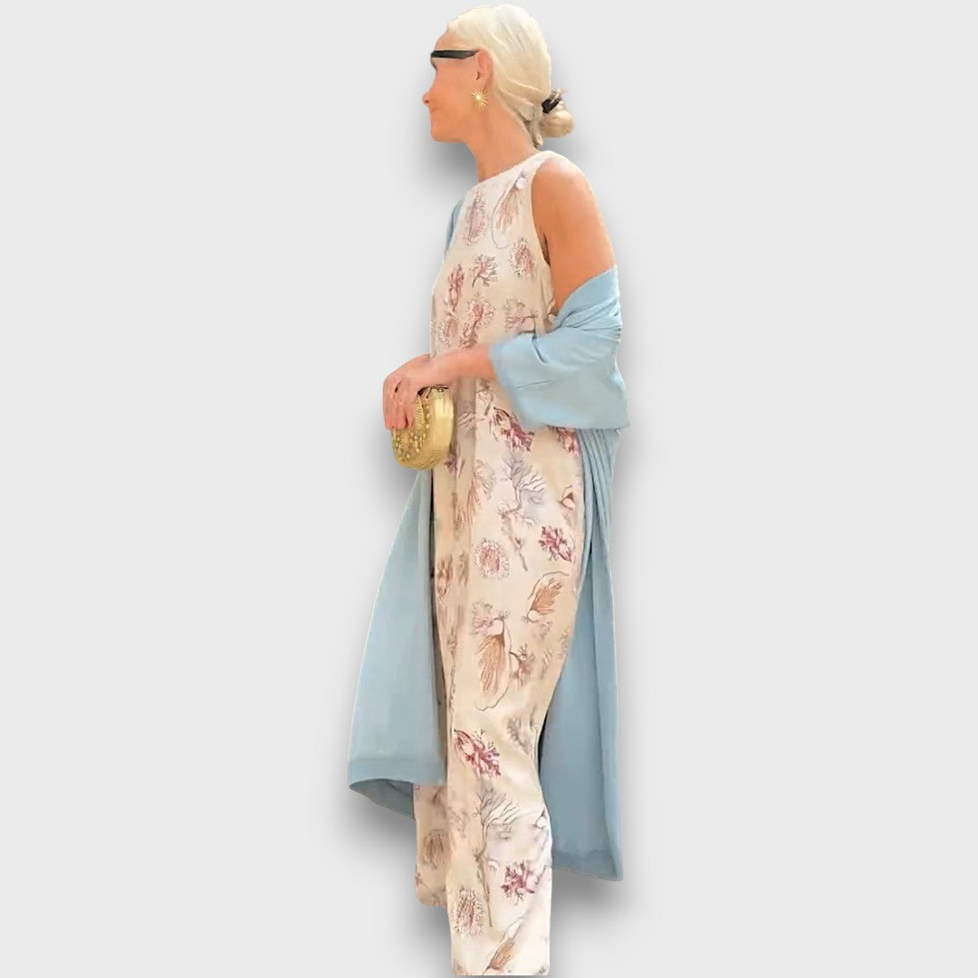 Vestido Longo com Estampa Floral & Cardigan Leve