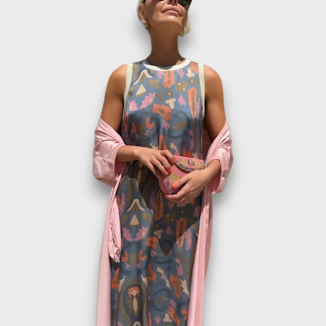 Vestido Longo com Estampa Floral & Cardigan Leve