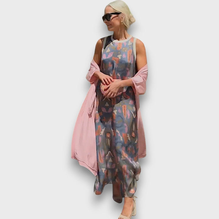 Vestido Longo com Estampa Floral & Cardigan Leve