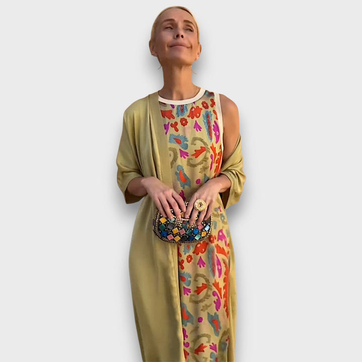 Vestido Longo com Estampa Floral & Cardigan Leve