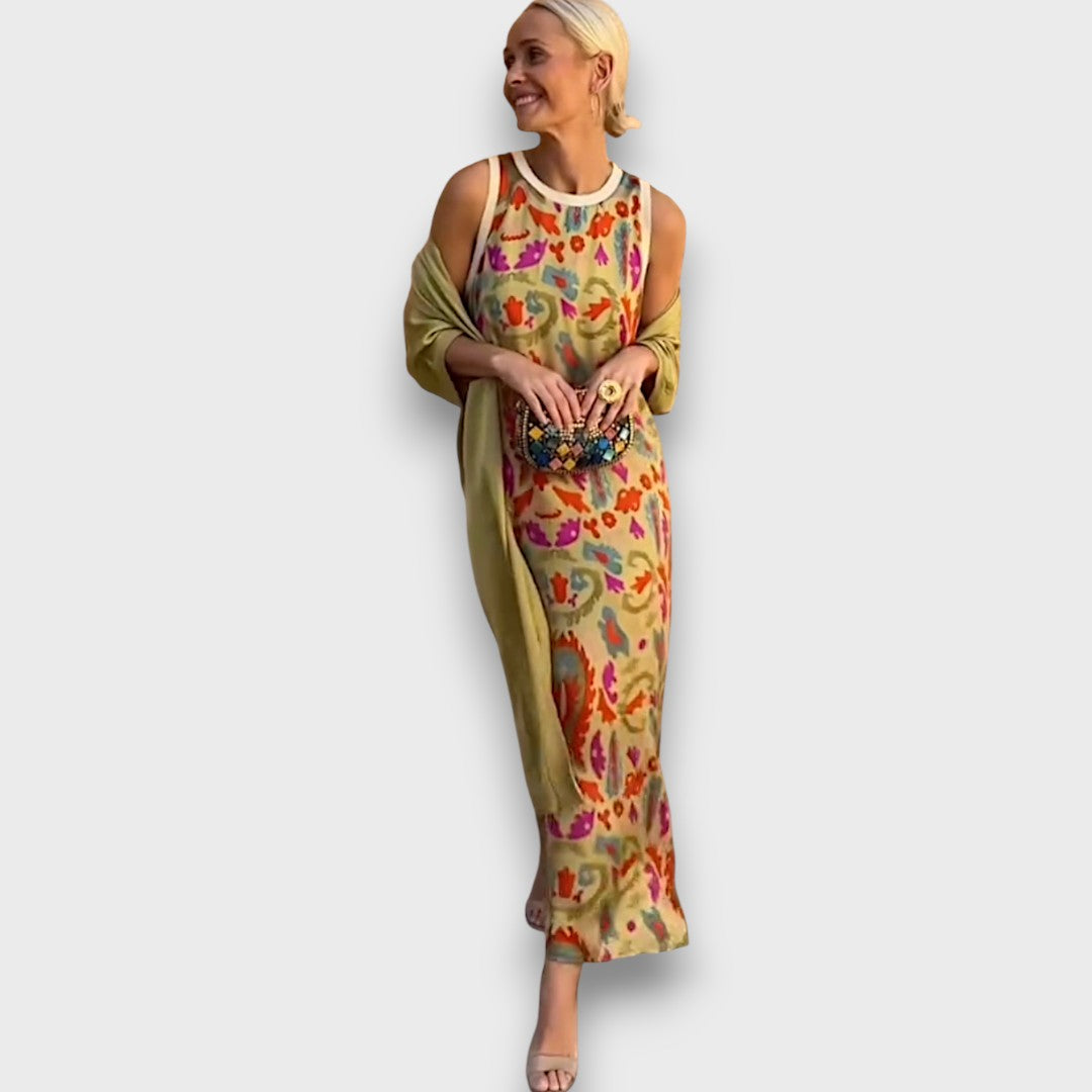 Vestido Longo com Estampa Floral & Cardigan Leve