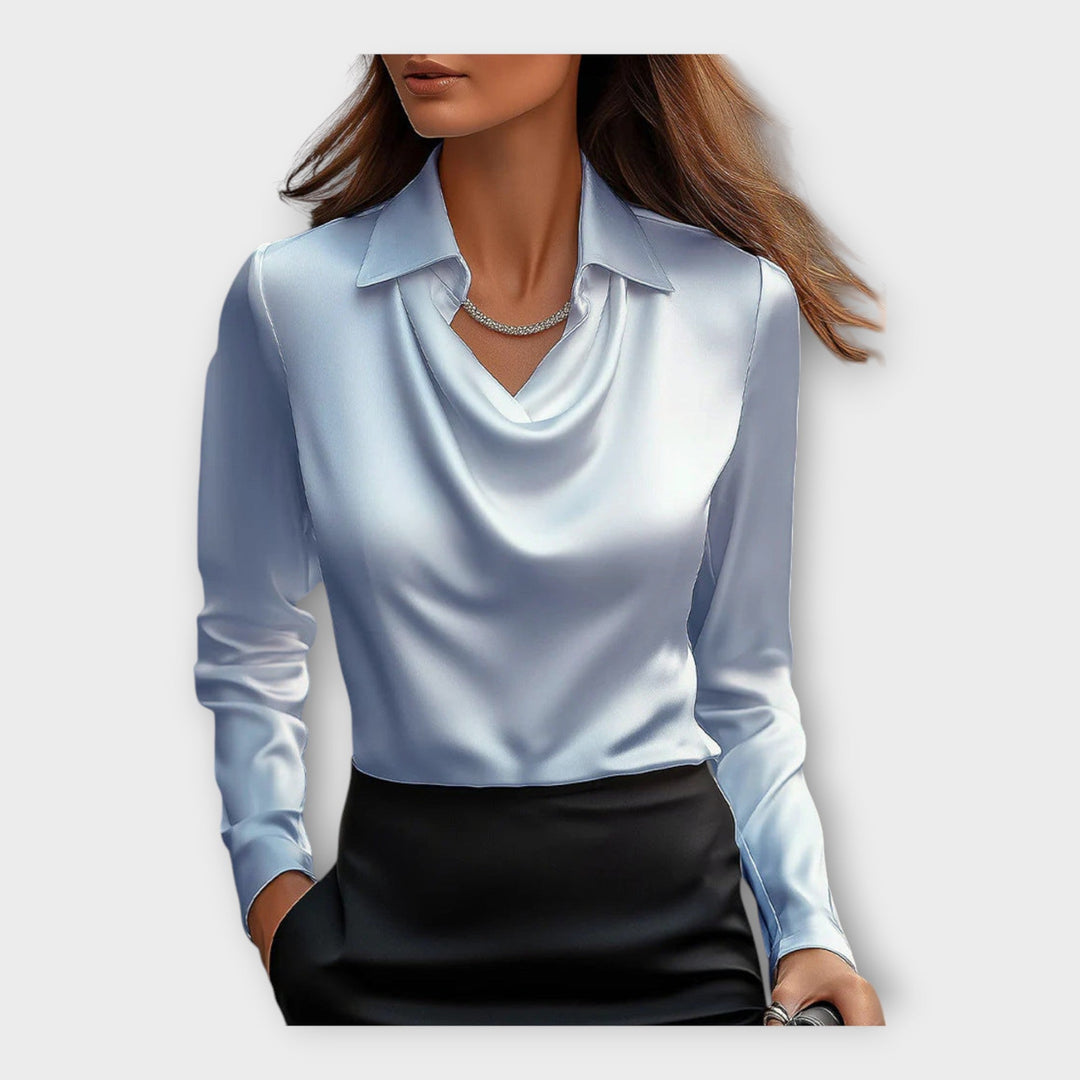Blusa de Cetim com Decote Drapé e Gola