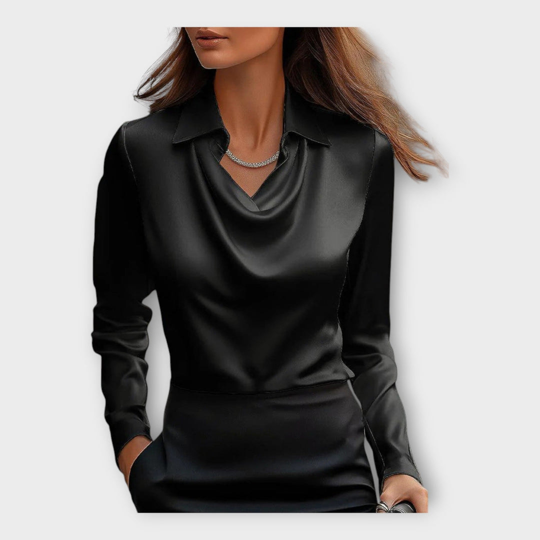 Blusa de Cetim com Decote Drapé e Gola